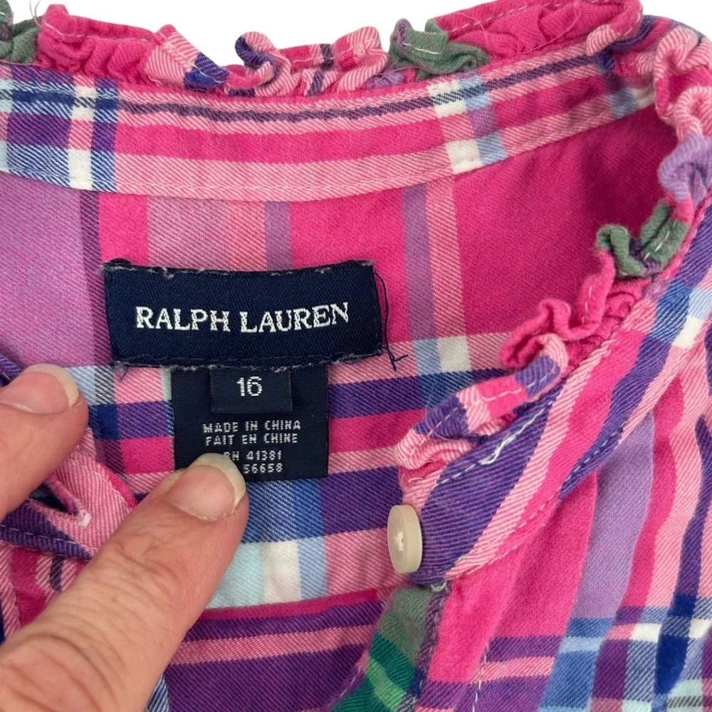 Ralph Lauren Girls Pink Plaid Ruffle Collar Button Down Tunic Shirt Size 16